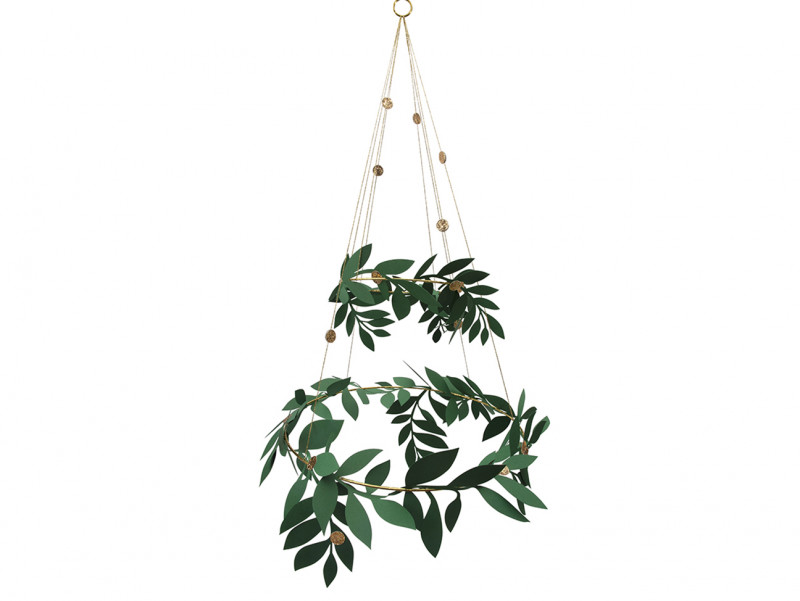 Suspension Houx pour Noël d'une hauteur de 92cm, avec arceaux dorés et feuilles de Houx.