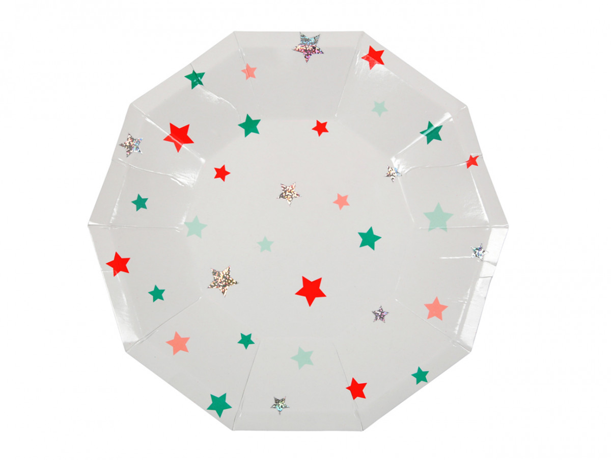 Set de 8 Assiettes avec des étoiles rouges, bleues, vertes, argentées... pour une décoration de fête d'anniversaire.