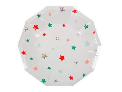 Set de 8 Assiettes avec des étoiles rouges, bleues, vertes, argentées... pour une décoration de fête d'anniversaire.