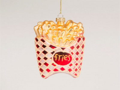 Boule de Noël en verre Frites à glisser dans le sapin pour la décoration de Noël, avec frites et cornet de frites.
