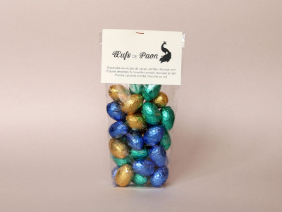 Pour les chocolat de Pâques, sachet de 25 Œufs de paon jaune, bleu et vert.