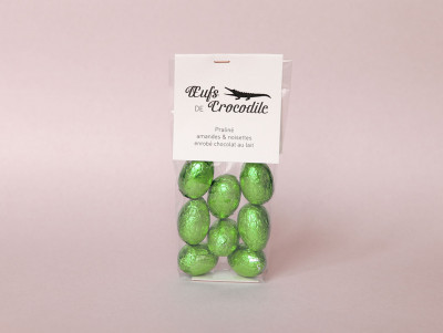 Pour Pâques, sachet de 8 oeufs au chocolat praliné feuilleté tout vert : crocodile.