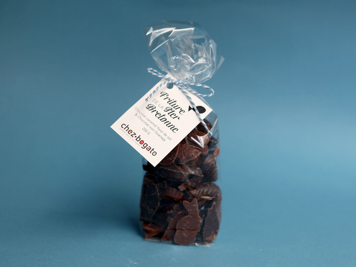 Sachet de 200g de chocolat friture de la mer, au chocolat au caramel au beurre salé et chocolat noir pour Pâques.