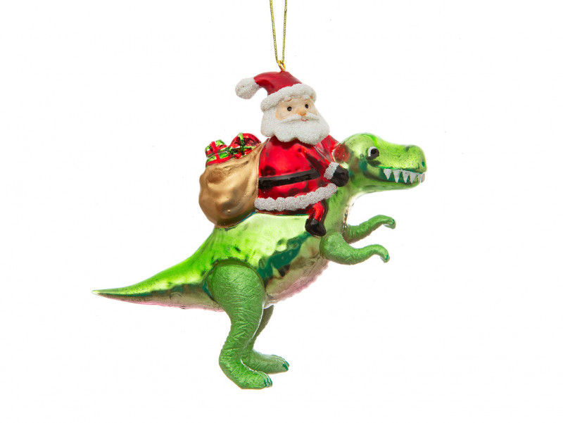 Boule de noel avec un père-noel chevauchant un Trex.