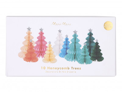 Set de 10 Sapins de Noël de couleurs (rose, orange, vert, bleu...) en nid d'abeille avec étoile, pour une table de fête.