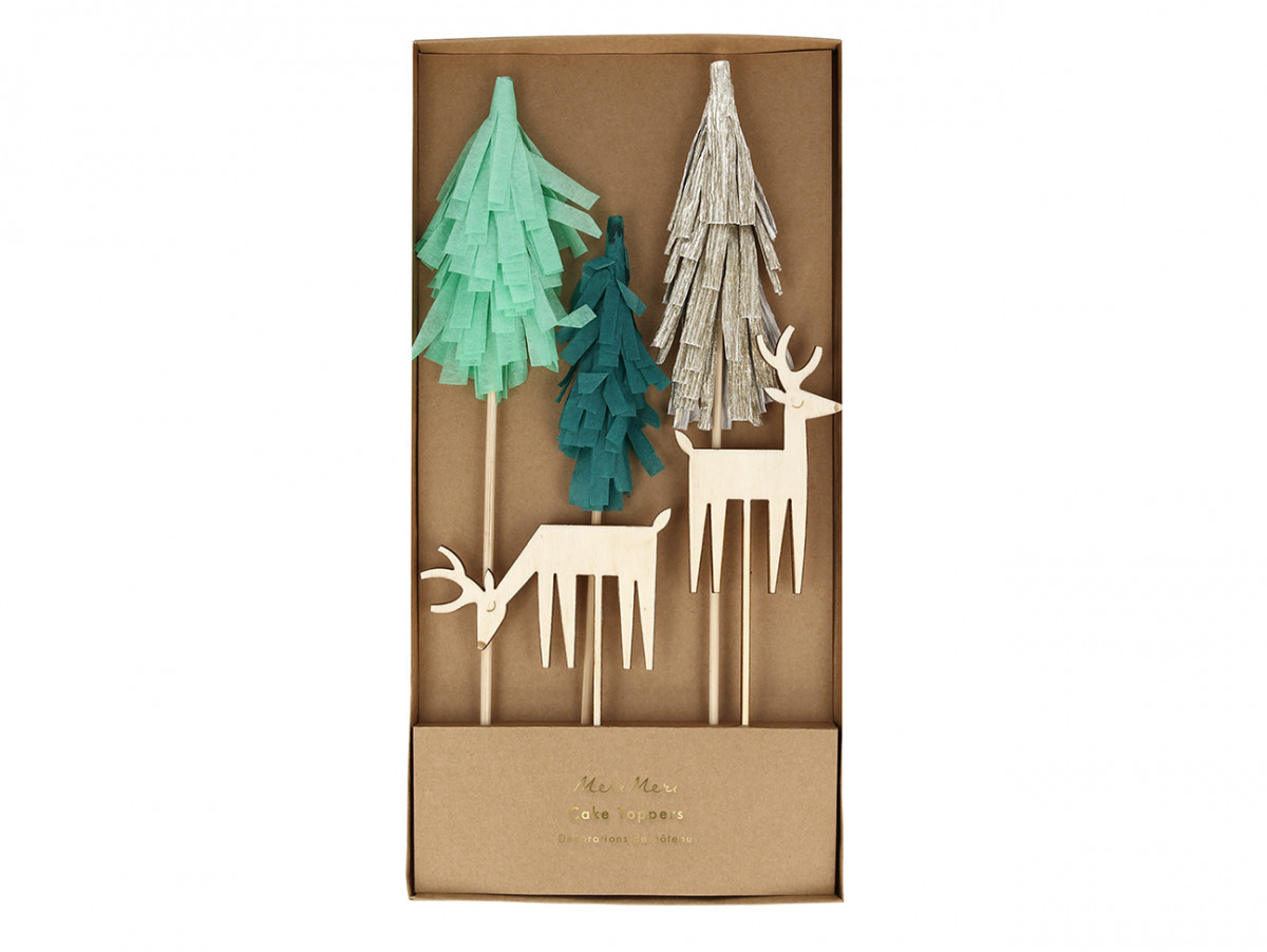 Cake Toppers Rennes en bois & Sapins en papier, pour décorer vos Cupcakes ou vos Gâteaux.