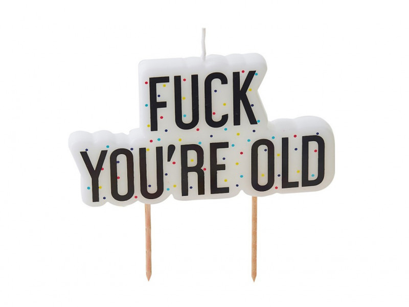 Cadeau d'anniversaire, bougie "fuck you're old" en cire naturelle, de couleur blanche avec des confettis.