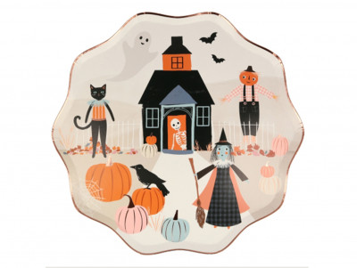 Set de 8 grandes assiettes en carton sur le thème d'Halloween avec Manoir hanté, chat, citrouille sorcière...