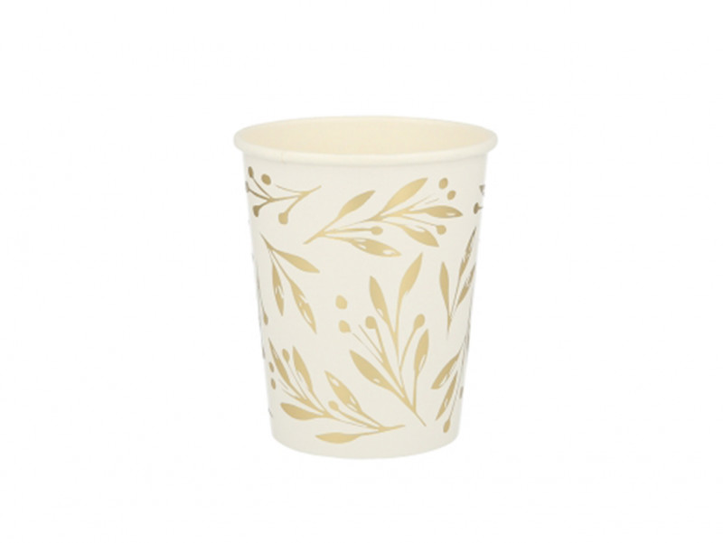 Gobelets Feuilles d'or avec motifs or et dessins de houx, fond blanc, par set de 8 gobelets.