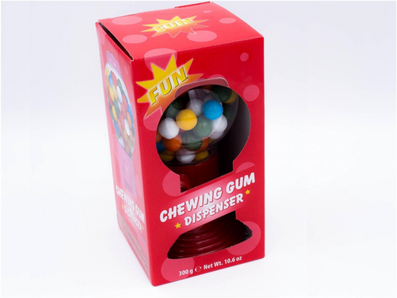 Chez Bogato confiserie : distributeur de bonbons rempli de chewing-gum fruités