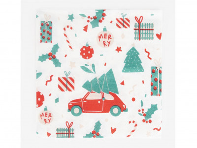 Set de 20 serviettes de Noël, avec motifs dessinés : voiture chargée de sapins, cadeaux, sucres d'orge...
