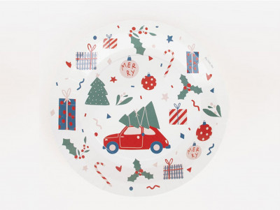 Assiettes de Noël, set de 8 en carton recyclable avec motifs dessinés : voiture chargée de sapins, cadeaux, sucres d'orge...