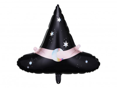 Ballon en forme de chapeau de sorcière noir et rose, décoré d'une lune et d'étoiles, parfait pour Halloween.