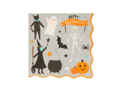 Set de 16 serviettes happy Halloween avec des dessins fantômes, sorcières, squelettes, chats noir et citrouilles pour Halloween.