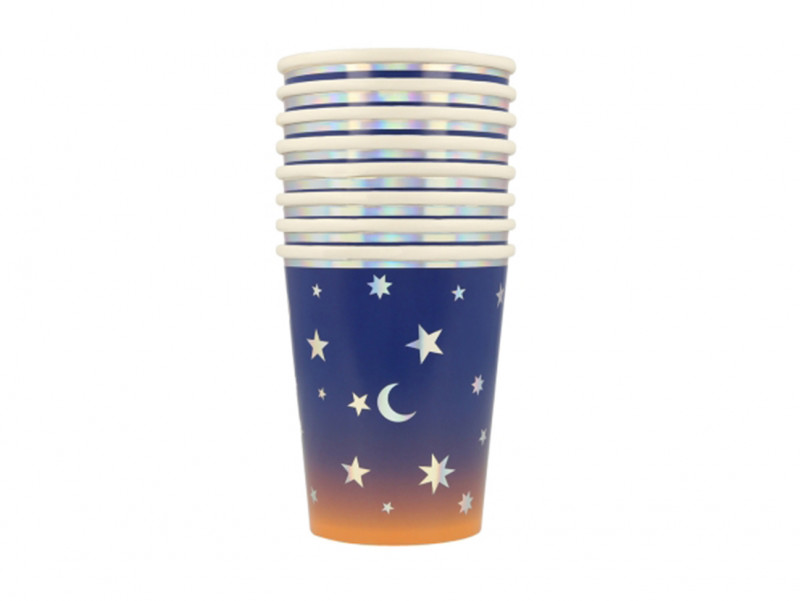 Set de 8 gobelets avec dégradé du orange au bleu, étoiles et lunes argentée. Déco de fête Magie ou Halloween ou Harry Potter !