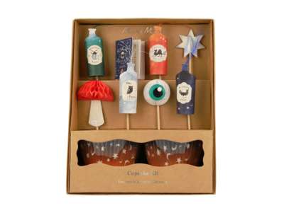 24 caissettes à Cupcakes et 24 pics décoratifs avec potions magiques, champignons, oeil, étoiles, grimoires... Fête Halloween !