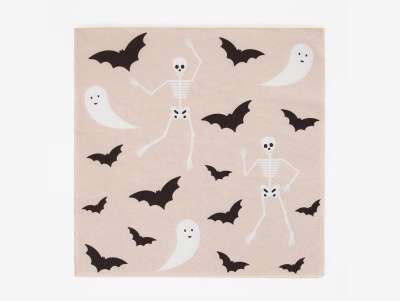 Set de 20 Serviettes avec des dessins de fantômes, chauve-souris et squelettes qui dansent pour la fête d'Halloween.
