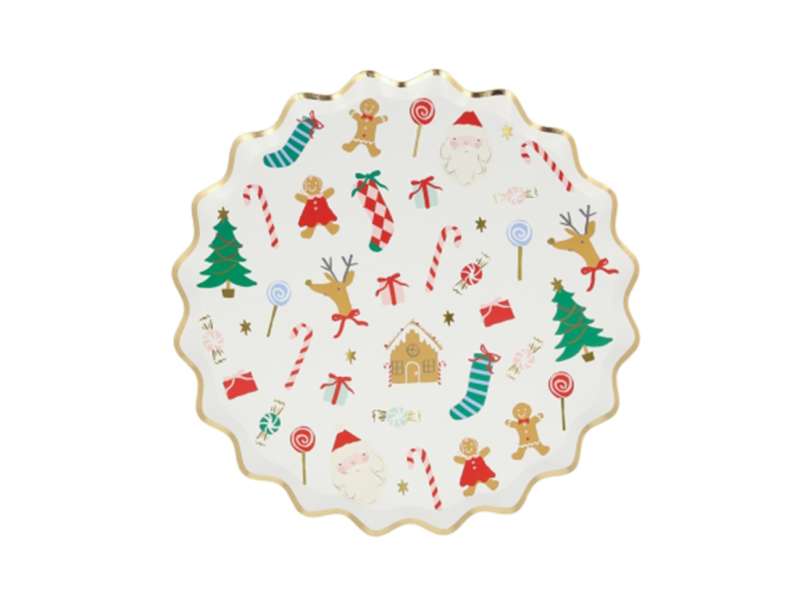 Set de 8 assiettes avec motifs de Noël : sapin, renne, candy cane, père-noël, gingerman, maison en pain d'épices...