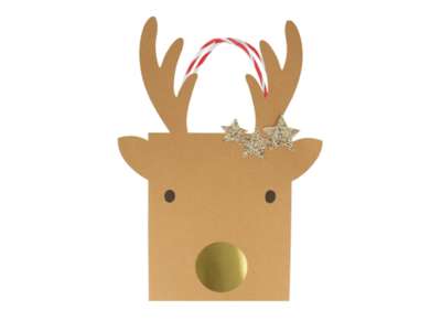 Set de 2 party bags en forme de Renne de Noël, couleur carton kraft, pour y glisser des petits cadeaux.
