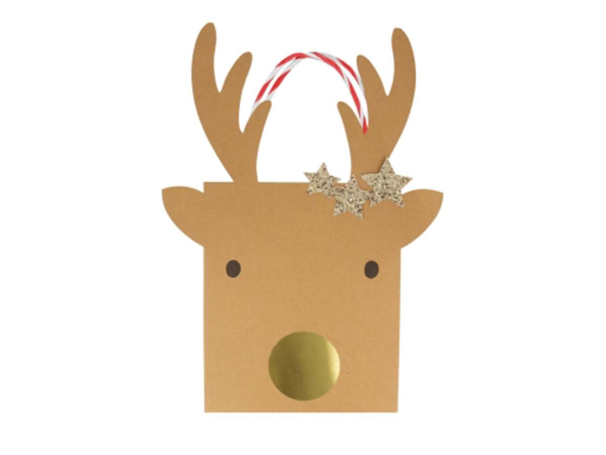 Set de 2 party bags en forme de Renne de Noël, couleur carton kraft, pour y glisser des petits cadeaux.