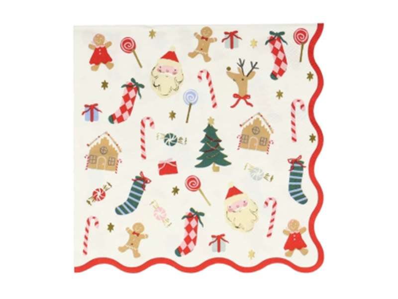 Set de 16 serviettes avec motifs de Noël : sapin, renne, candy cane, père-noël, gingerman, maison en pain d'épices...