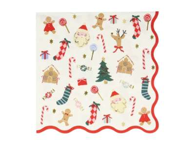 Set de 16 serviettes avec motifs de Noël : sapin, renne, candy cane, père-noël, gingerman, maison en pain d'épices...