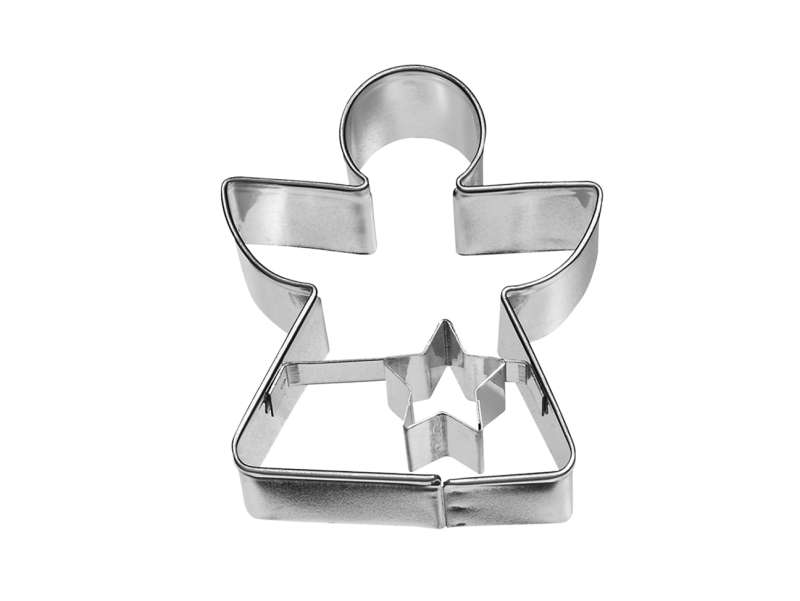 Emporte pièce Ange de Noël avec détail gravé petite étoile, de hauteur 6 cm en acier inoxydable.