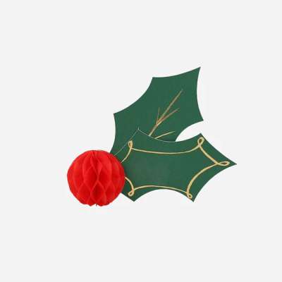 Marque places pour organiser une table de fête de Noël, en format de Houx vert et rouge. Set de 8.