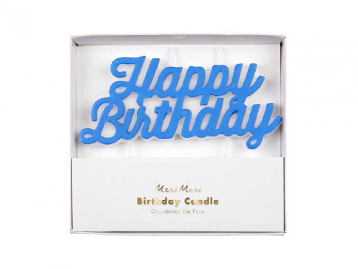 Bougie d'anniversaire Happy Birthday bleue, à mettre sur le gâteau d'anniversaire Chez Bogato !
