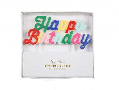 Bougie d'anniversaire Happy Birthday multicolore, à mettre sur le gâteau d'anniversaire Chez Bogato !