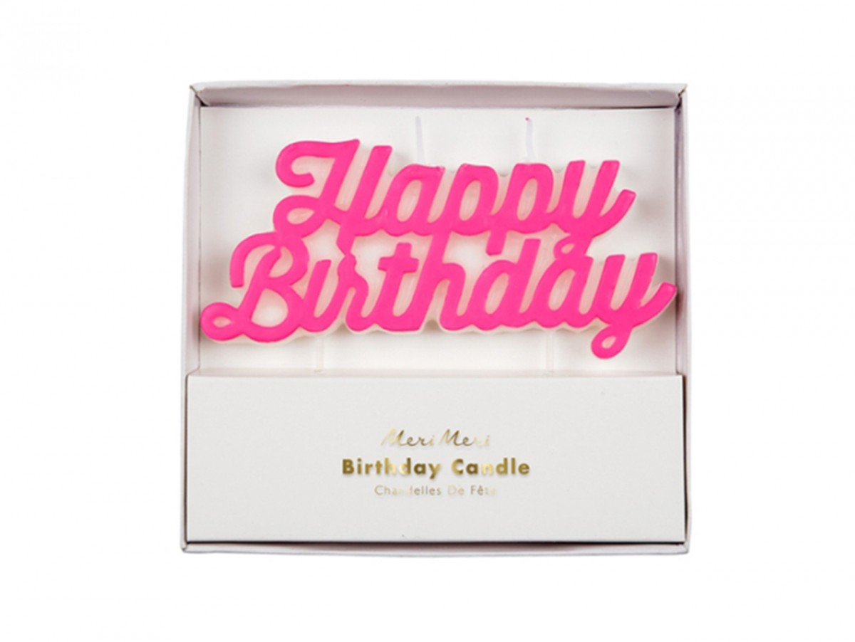 Bougie d'anniversaire Happy Birthday rose, à mettre sur le gâteau d'anniversaire Chez Bogato !