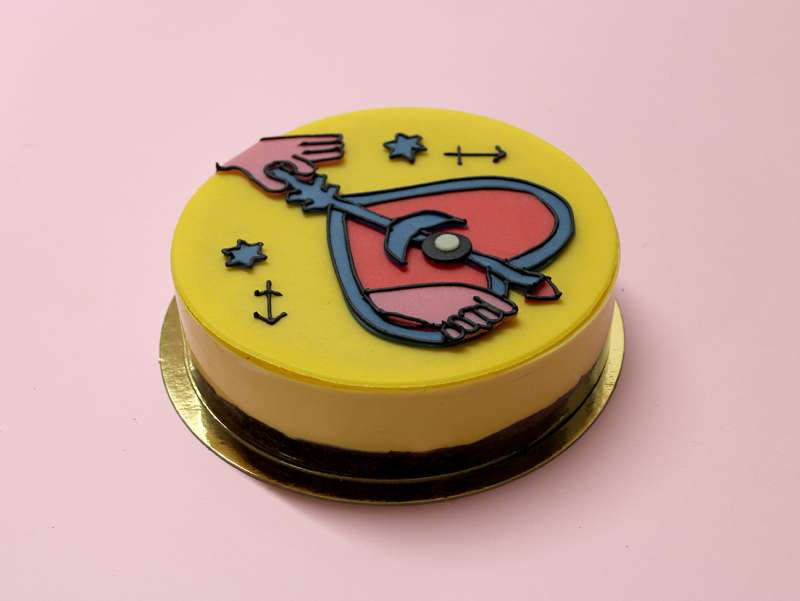 Gâteau d'anniversaire Astro Sagittaire avec un dessin de l'artiste française Virgen. À commander et personnaliser.