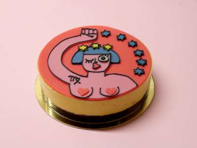 Gâteau d'anniversaire Astro Vierge avec un dessin de l'artiste française Virgen. À commander et personnaliser.