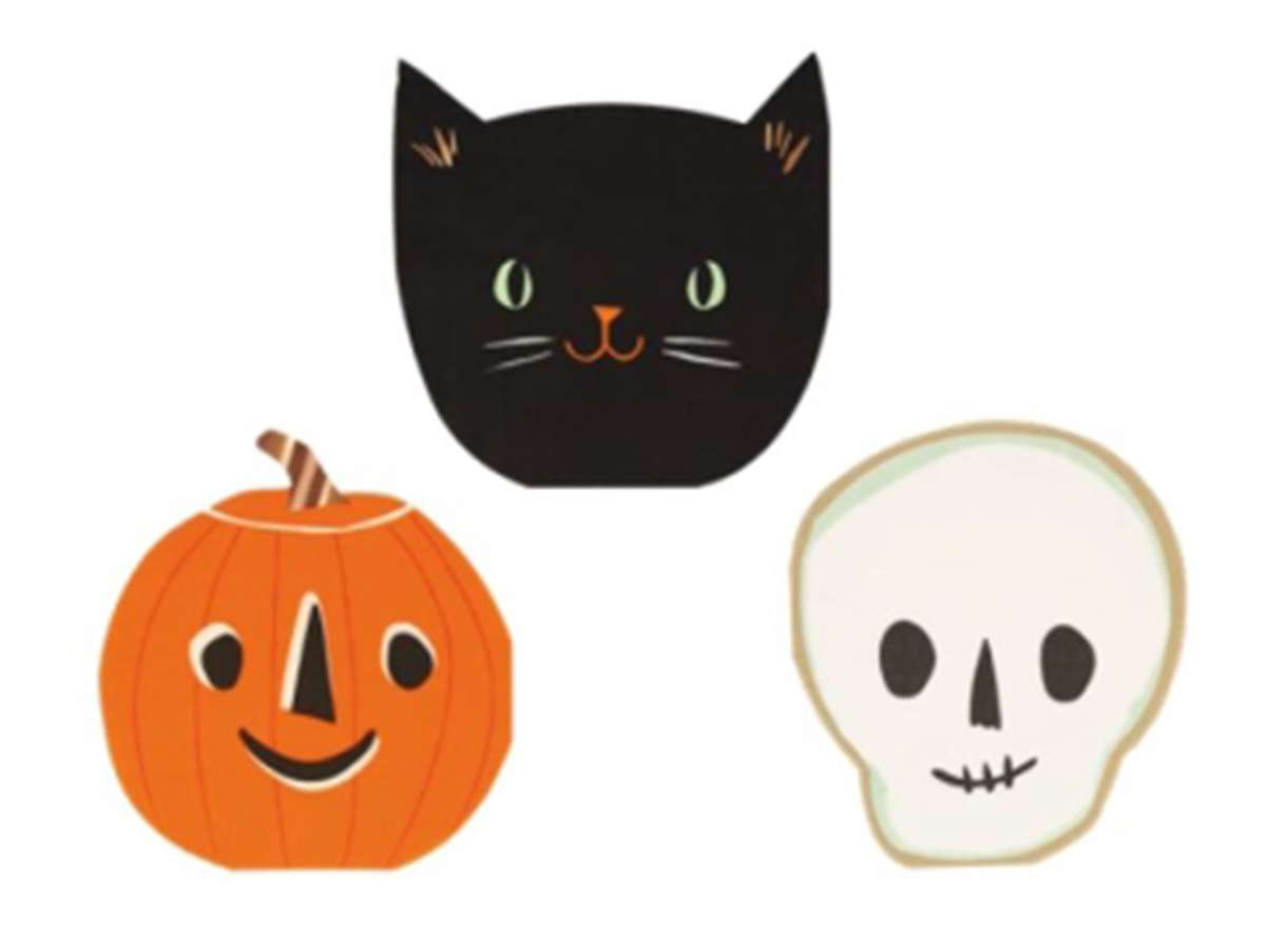 Trio de Serviettes pour fête d'Halloween avec un chat noir, une citrouille et un squelette.