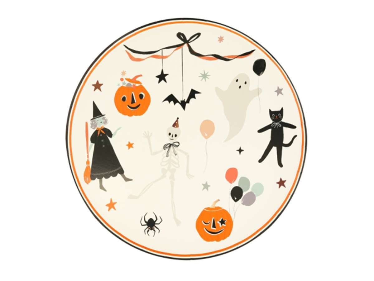 Set de 8 assiettes pour fête d'Halloween, avec squelette, sorcières, chat noir, fantome...