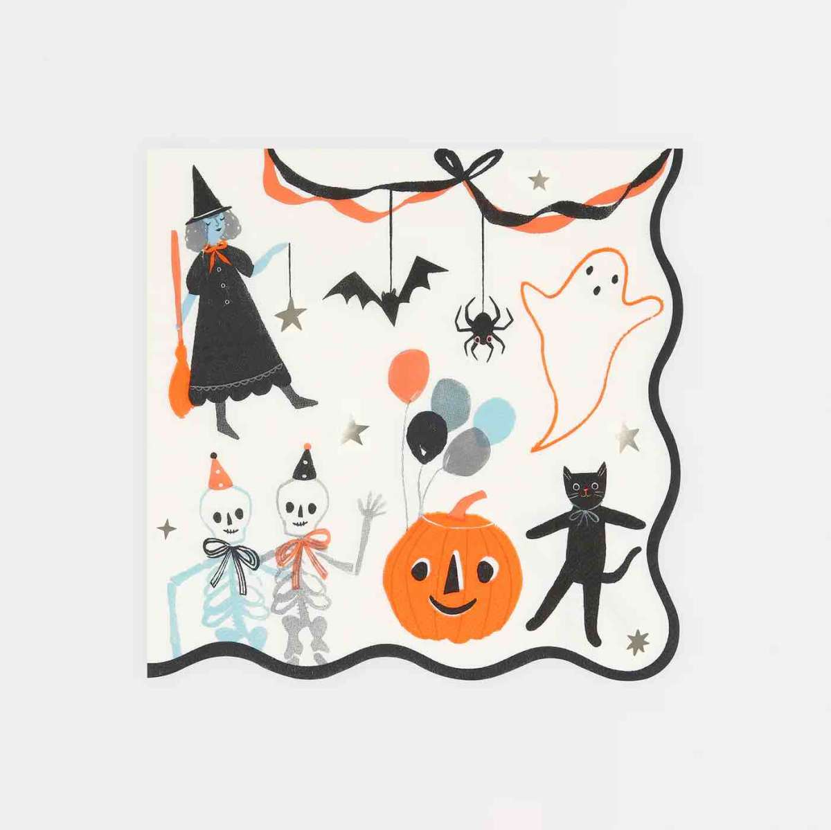 Set de 16 serviettes pour fête d'Halloween, avec squelette, sorcières, chat noir, fantome...