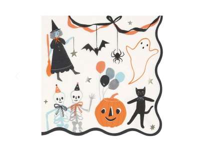 Set de 16 serviettes pour fête d'Halloween, avec squelette, sorcières, chat noir, fantome...