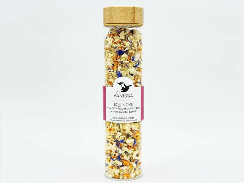Mélange de fleurs séchées pour la pâtisserie : pétales de jasmin, de tagète et de bleuet, pour décorer vos gâteaux.
