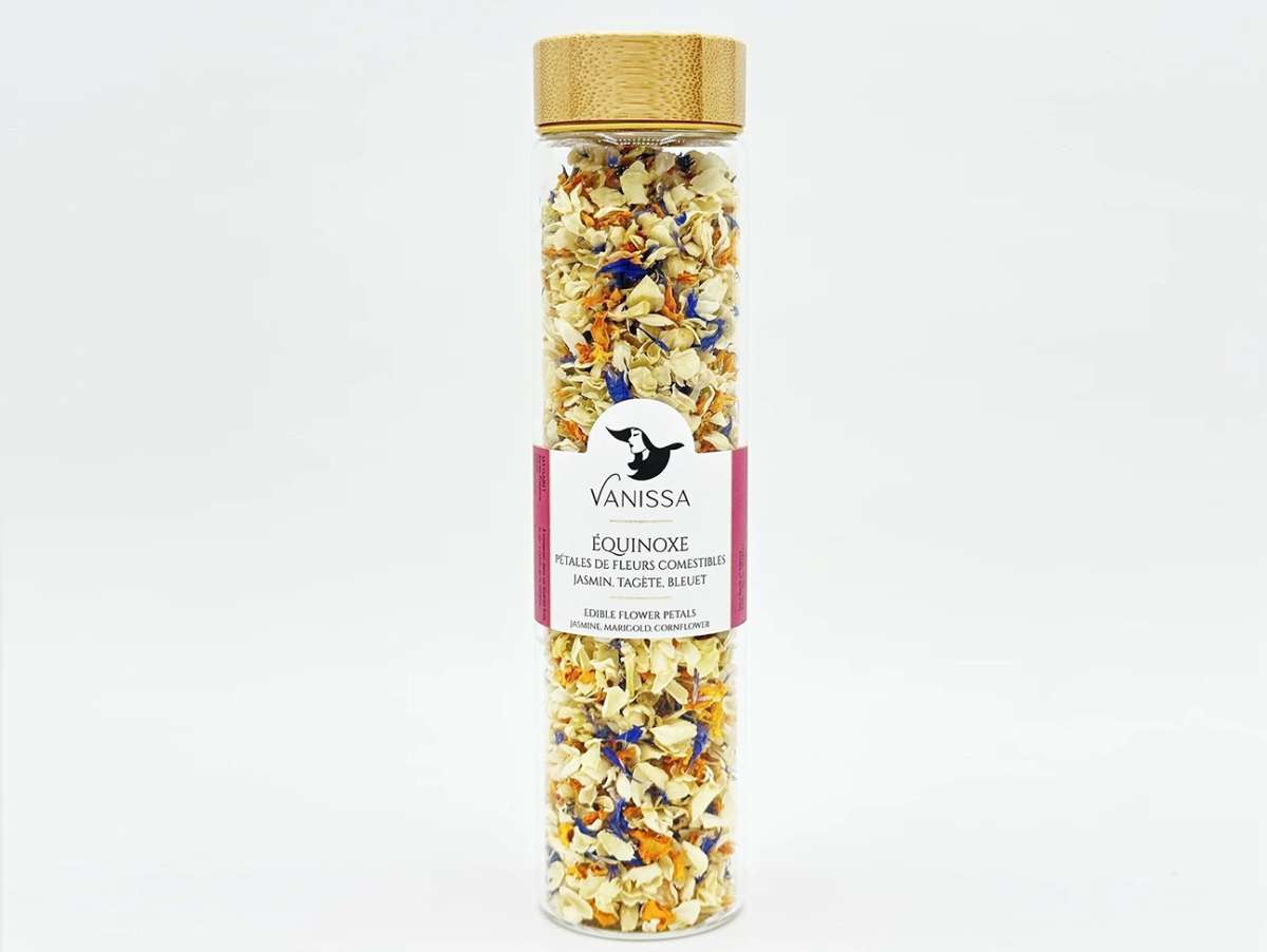 Mélange de fleurs séchées pour la pâtisserie : pétales de jasmin, de tagète et de bleuet, pour décorer vos gâteaux.