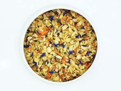 Mélange de fleurs séchées pour la pâtisserie : pétales de jasmin, de tagète et de bleuet, pour décorer vos gâteaux.