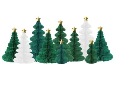 Set de 10 Sapins de Noël de couleurs vertes et blanches en nid d'abeille avec étoile, pour une table de fête.