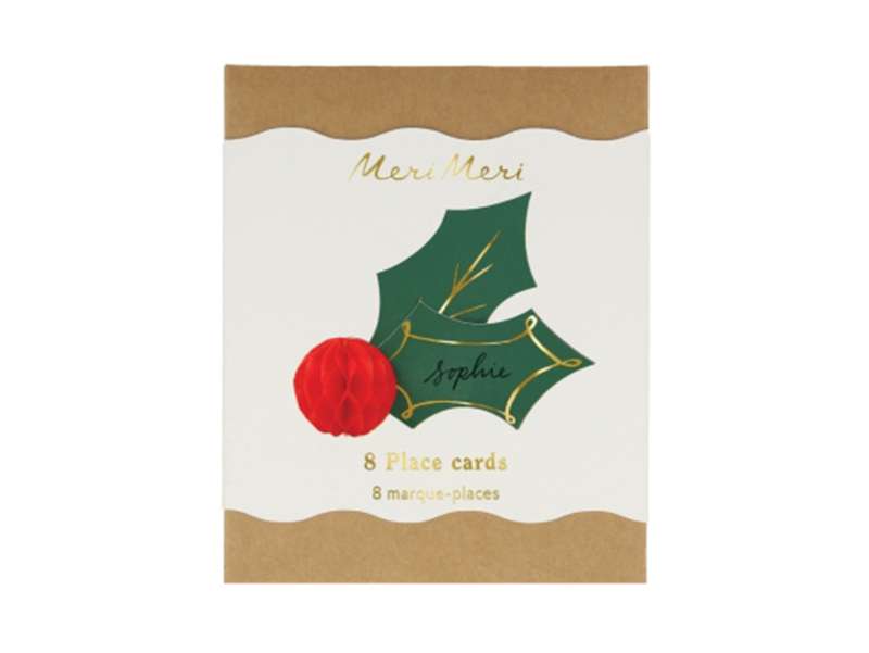 Marque places pour organiser une table de fête de Noël, en format de Houx vert et rouge. Set de 8.