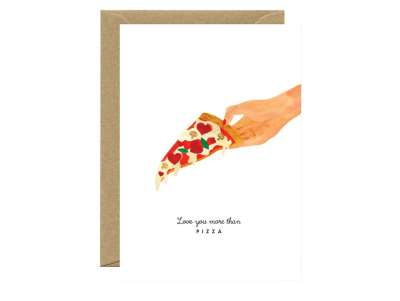 Carte postale Love you moer than Pizza, avec un dessin de pizza à l'aquarelle