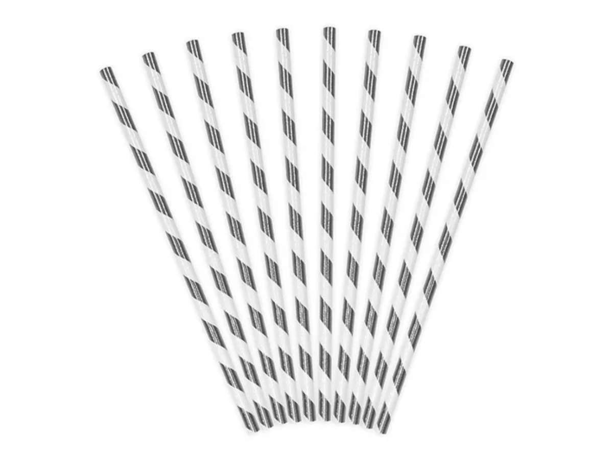 Pailles en papier rayé blanc et argent pour des évènements festifs et anniversaire