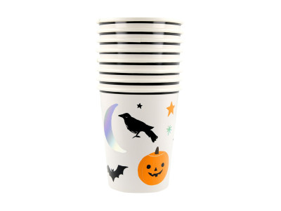 Set de 8 gobelets pour fête d'Halloween, avec lune, corbeau, citrouille, fantôme, chat noir...