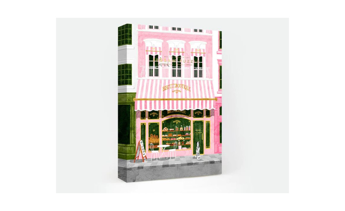 Puzzle de 1 000 pièces illustrant une pâtisserie rose à la française