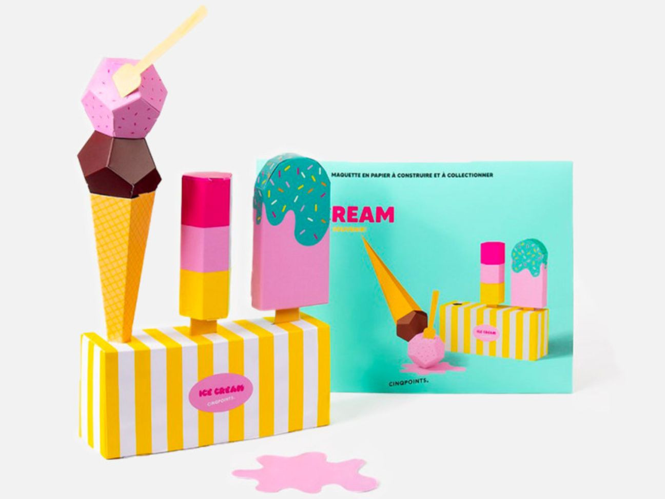 Maquette en papier 3D à assembler soi-même, représentant un cornet deux boules, une glace à l'eau, un esquimau