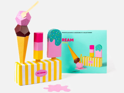 Maquette en papier 3D à assembler soi-même, représentant un cornet deux boules, une glace à l'eau, un esquimau