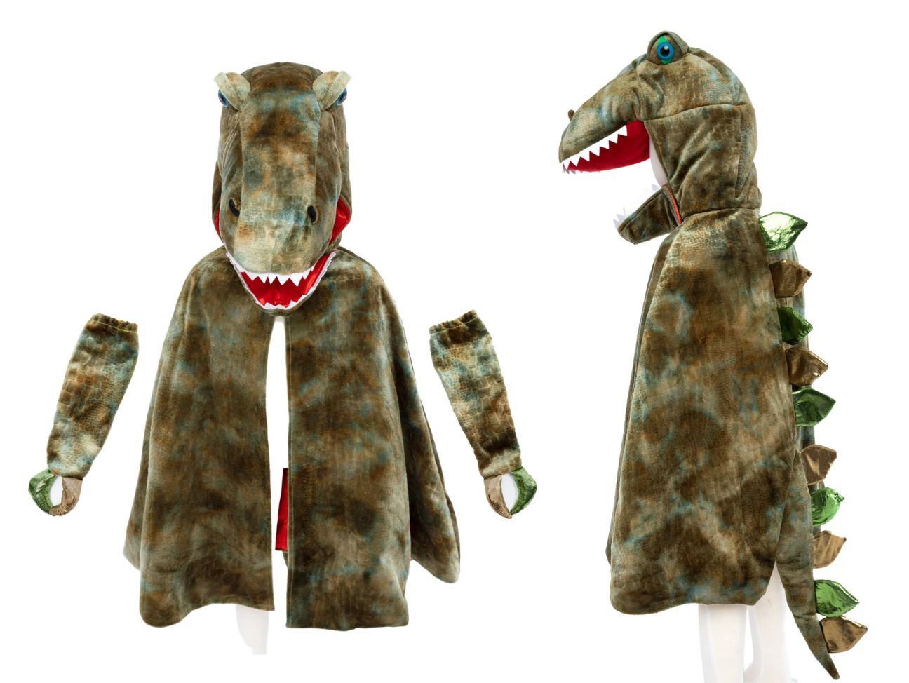 Déguisement pour les enfants, avec une cape dinosaure avec une tête de Trex. Parfait pour un anniversaire à thème !