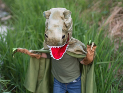 Déguisement pour les enfants, avec une cape dinosaure avec une tête de Trex. Parfait pour un anniversaire à thème !
